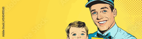 Depict a **bold** pop art style portrait of a happy father clutching a gift from his child on Fathers Day