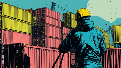 The pop art style crane driver, set against a backdrop of bold and vibrant colors, is busily lifting containers at a lively shipping port that resembles a comic strip, complete with high saturation,