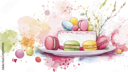 The pop art style is evident in this layered milk cake, which incorporates macarons and boasts bright colors, bold lines, and a lively composition