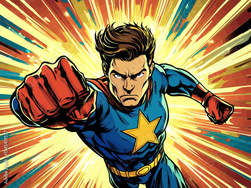 The design of a poster features a male superhero in a costume punching in a comic book pop art style