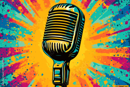 The logo of a podcast radio show is designed in pop art style with a microphone on a colorful retro comic background