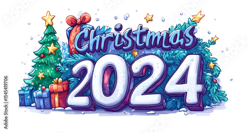 Christmas 2024 in a retro pop art style word lettering design set against a plain white background