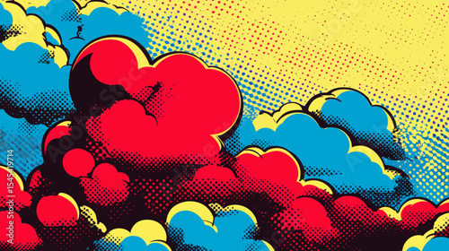The background is a comic book pop art style with clouds and colors reminiscent of the retro era