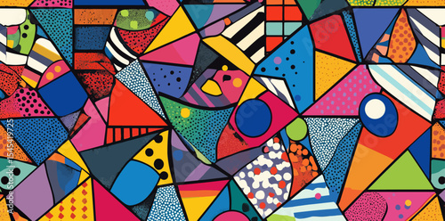 Abstract Geometric Mosaic Composition is characterized by its use of bright colors, bold shapes, and a distinctive pop art style, with a focus on geometric patterns and mosaic designs