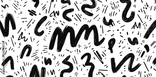 The design is a seamless Memphis geometric pattern with a monochrome abstract background in a retro style from the 80s and 90s, comprising various shapes such as circles, semicircles, dots, zigzags,