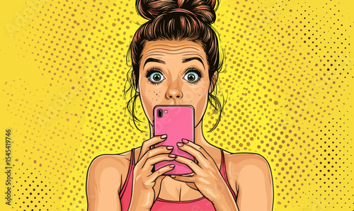 The advertising design showcases a surprised sexy girl presenting a product in a vibrant pop art aesthetic