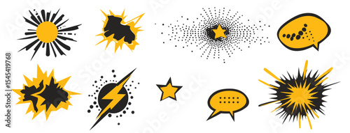The pop art style is used to create a set of comic effect shapes, accompanied by comic speech bubbles and a halftone dot background, which work together to produce an effect of surprise, attention,