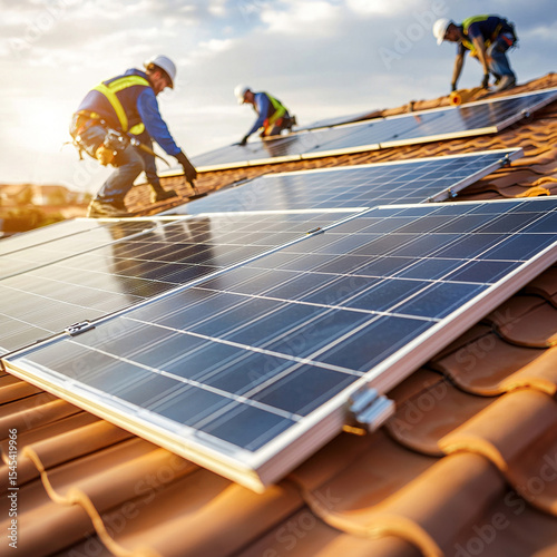 Wallpaper Mural Team of workers installing solar panels on rooftop. Clean energy concept perfect for sustainability, construction, and green tech visuals. Torontodigital.ca