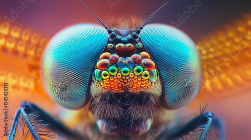 Detailed close-up of a vibrant dragonfly showcasing intricate eye