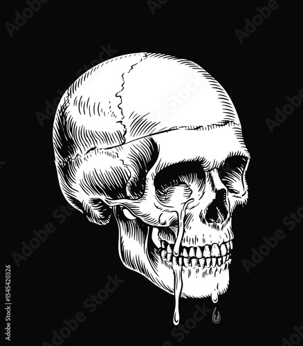 Melting Skull vector in Profile View with Intricate Black and White Line Art, Dripping Textures, and Vintage Engraving Tattoo Style