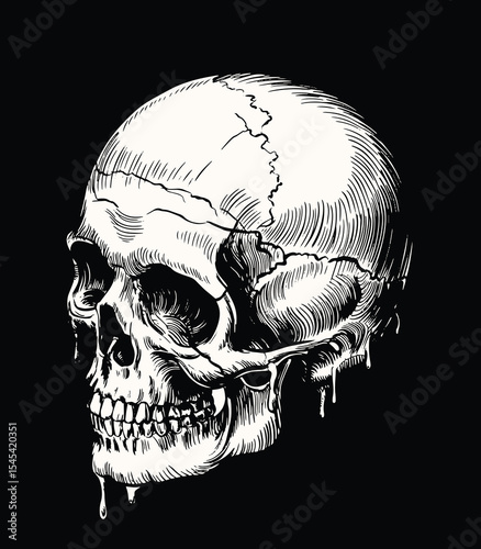 Melting Skull vector in Profile View with Intricate Black and White Line Art, Dripping Textures, and Vintage Engraving Tattoo Style