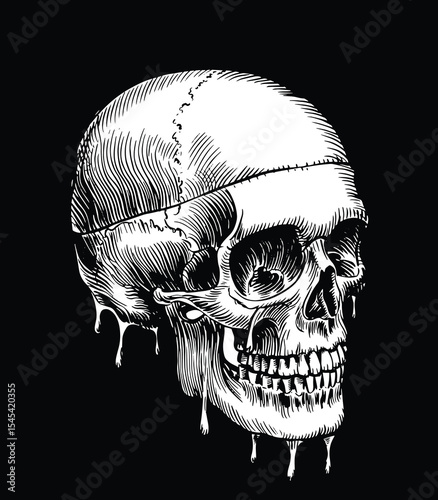 Melting Skull vector in Profile View with Intricate Black and White Line Art, Dripping Textures, and Vintage Engraving Tattoo Style