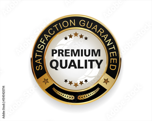Premium quality satisfaction guaranteed golden badge on white background  
