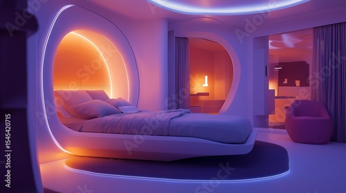 Modern bedroom design featuring soft curves and warm lighting in a futuristic style