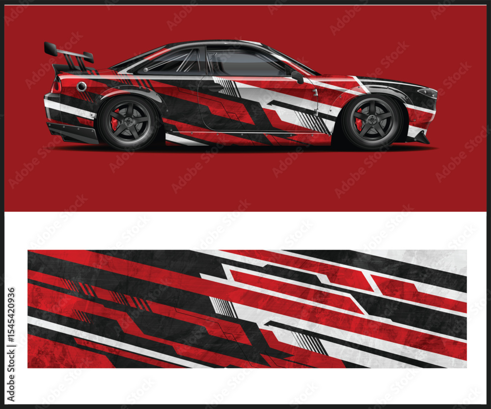 Obraz premium Sleek Sports Car with Custom Red White and Black Racing Graphic Wrap