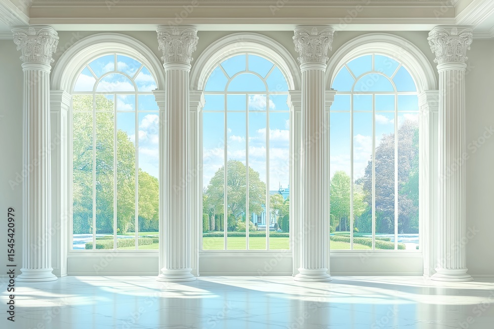 Fototapeta premium Sunlight illuminates white grand hall through large windows in palace or castle, surrounded by lush greenery
