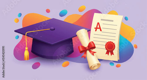 Graduation cap, diploma, and an A+ grade sheet, celebrating academic success with confetti.