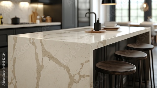 Modern kitchen island with creamy marble countertop