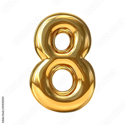Shiny golden number eight isolated on white background representing anniversary or celebration