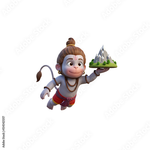 Cartoon Hanuman, a Hindu monkey god, holding a miniature mountain landscape.