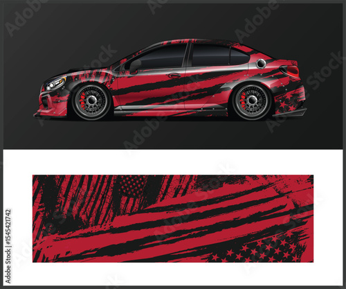 Red and Black Racing Car Wrap Design with American Flag Theme