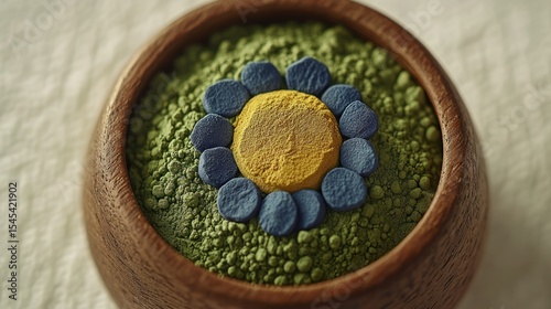 Wooden bowl of green powder, flower design