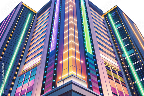 Futuristic high-tech skyscraper facade vector with glowing LED light strips vector ideal for urban nightscapes, smart city illustrations, and modern architectural concept visuals