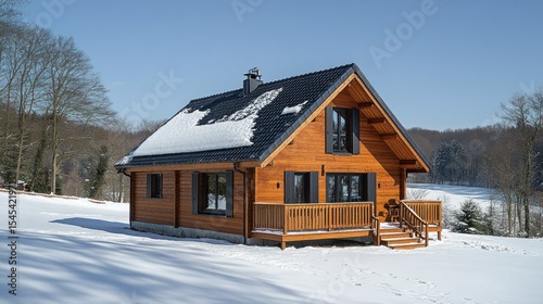 Wooden cabin in snowy landscape