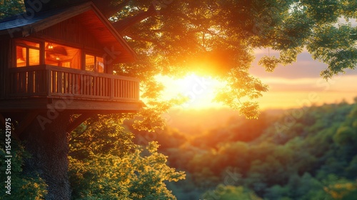 Wooden treehouse at sunset overlooking lush hills
