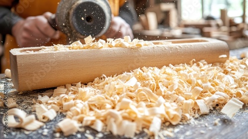Woodworker using power sander, sawdust scattered