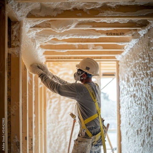Worker applying foam insulation