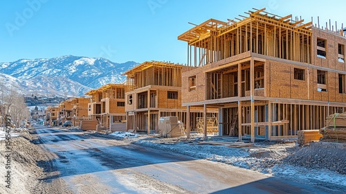 Wooden framework of new homes under construction, snowy landscape