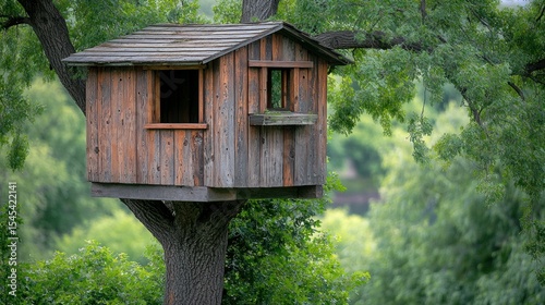 Wooden treehouse nestled in leafy canopy