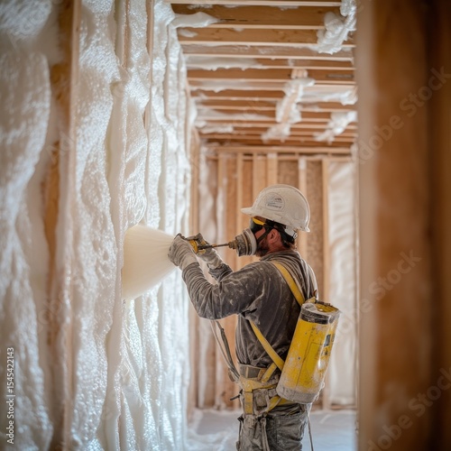 Worker applying spray foam insulation to interior wall