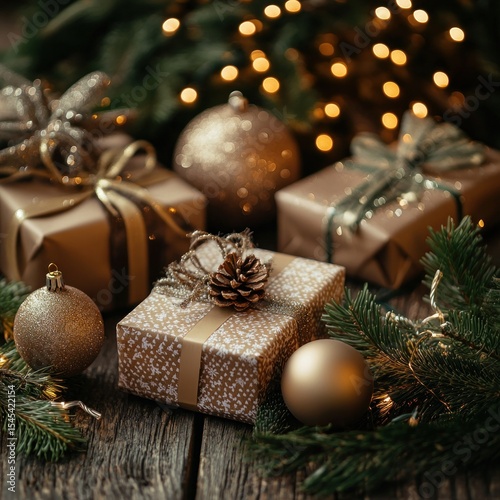 Wrapped gifts, gold ornaments, and Christmas lights on a rustic wooden table
