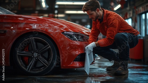 Worker cleans red car in garage