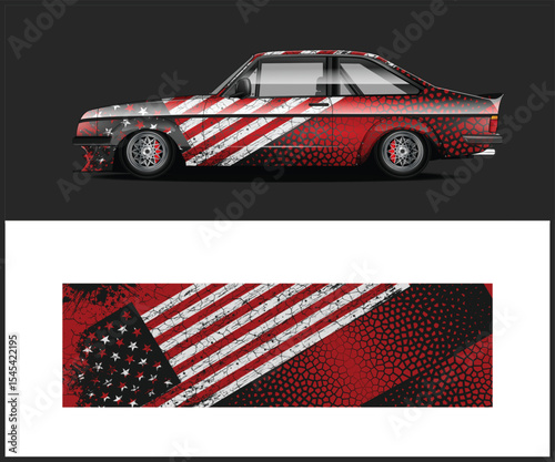 American Flag Themed Car Wrap Design for a Classic Coupe