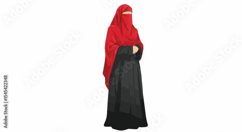Muslim woman in niqab with red hijab and black abaya, standing in a modest pose.