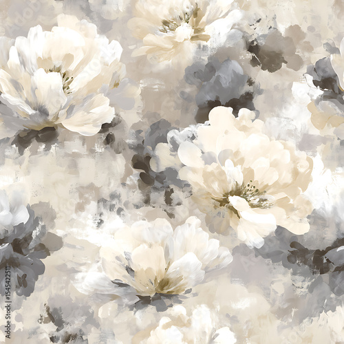 hand-painted floral pattern in soft grayscale tones featuring expressive brushstroke petals and bold organic textures.ideal for textiles, wallpapers, packaging, branding, and elegant minimalist design