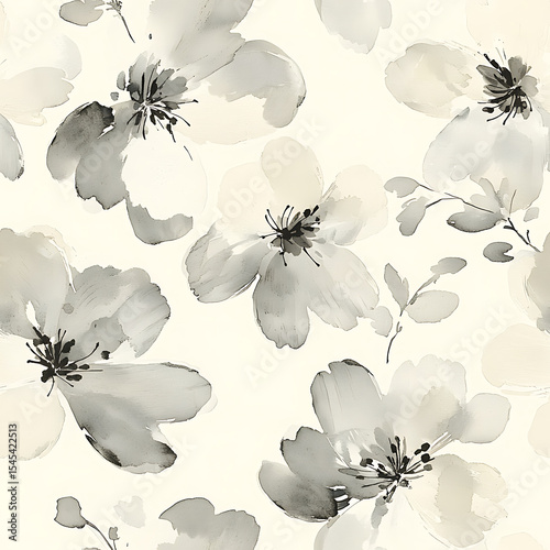 hand-painted floral pattern in soft grayscale tones featuring expressive brushstroke petals and bold organic textures.ideal for textiles, wallpapers, packaging, branding, and elegant minimalist design
