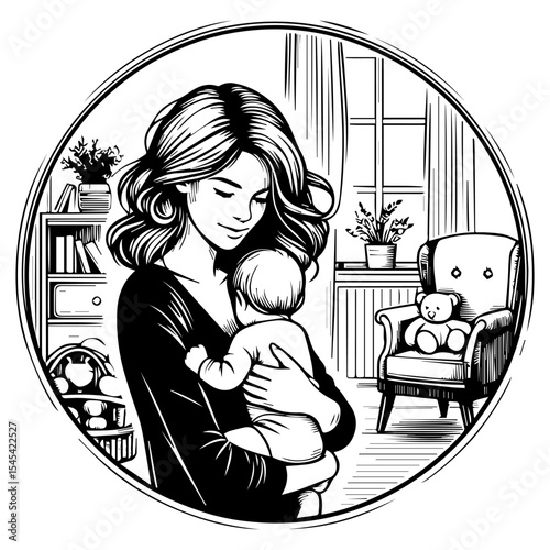 A black and white silhouette of a mother holding a baby in a nursery on a white background. Vector graphics. EPS.
