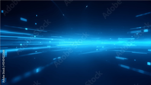 Abstract, science, futuristic, energy technology concept. Digital image of light rays, stripes lines with blue light, speed and motion blur over dark blue background .