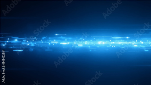 Abstract, science, futuristic, energy technology concept. Digital image of light rays, stripes lines with blue light, speed and motion blur over dark blue background .
