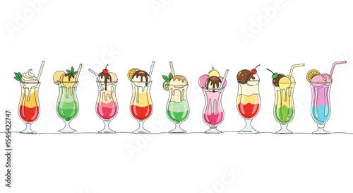 Set of alcoholic cocktails in doodle style – hand-drawn drinks with garnish – bar and party-themed vector illustration for beverage and nightlife concepts

