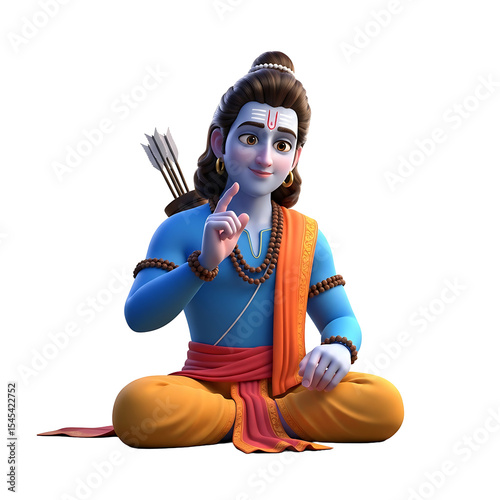 Animated depiction of Lord Rama, seated, gesturing, with bow and arrows.