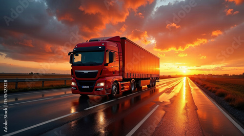 red semi-truck at sunset