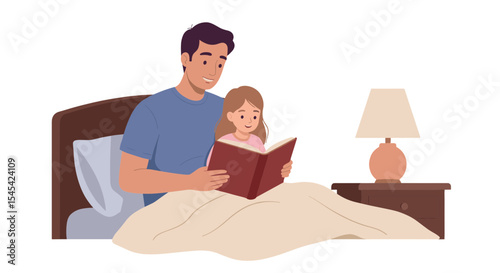 Flat illustration of a dad reading a bedtime story to a child