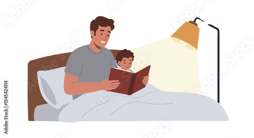 Flat illustration of a dad reading a bedtime story to a child
