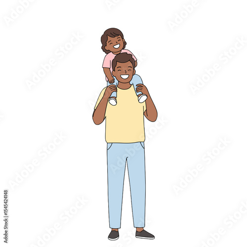 Flat illustration of a father carrying a child on his shoulders, both laughing