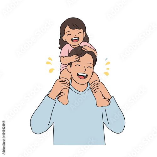 Flat illustration of a father carrying a child on his shoulders, both laughing